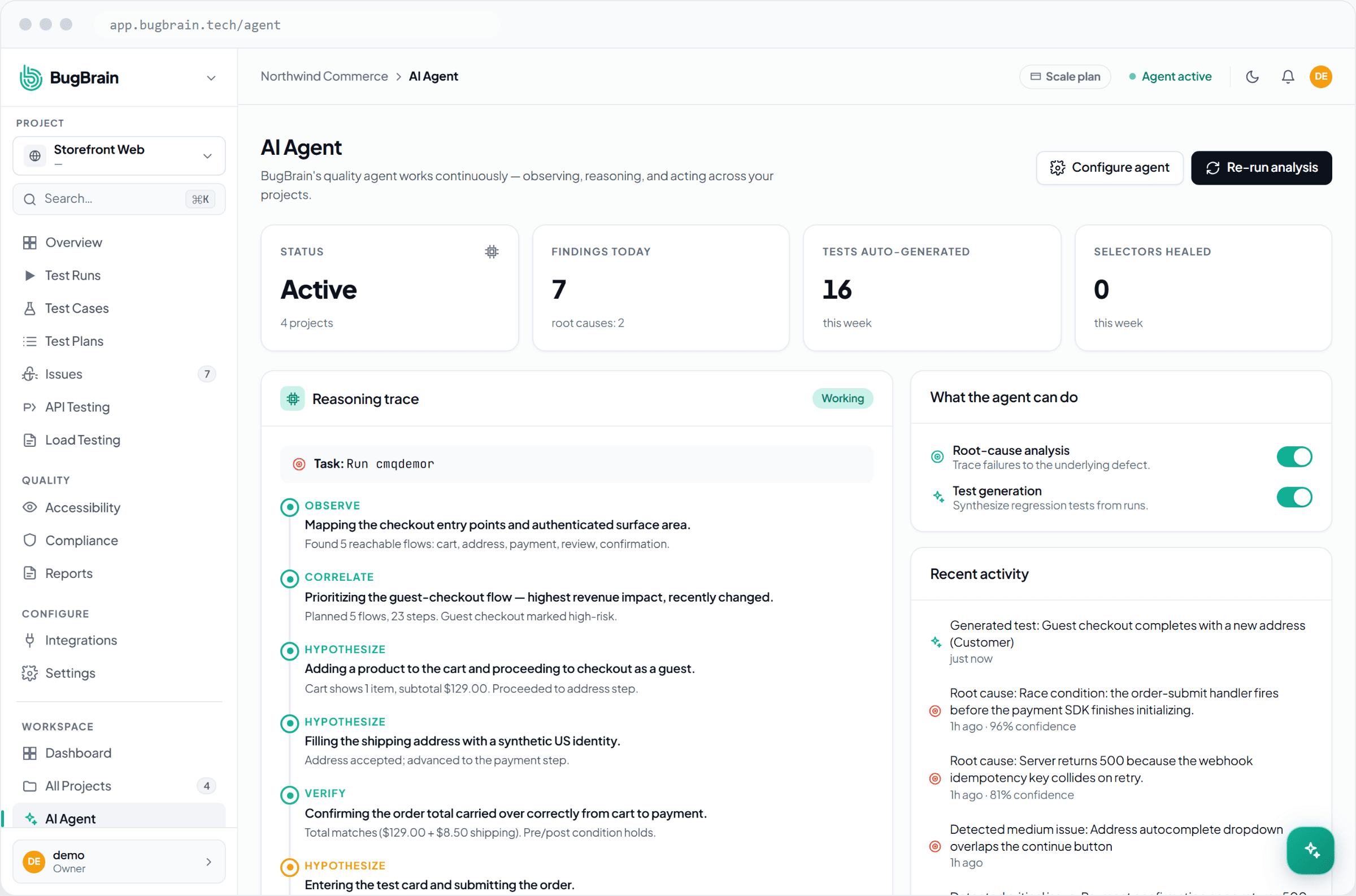 The AI agent workspace with status, reasoning trace, and recent activity