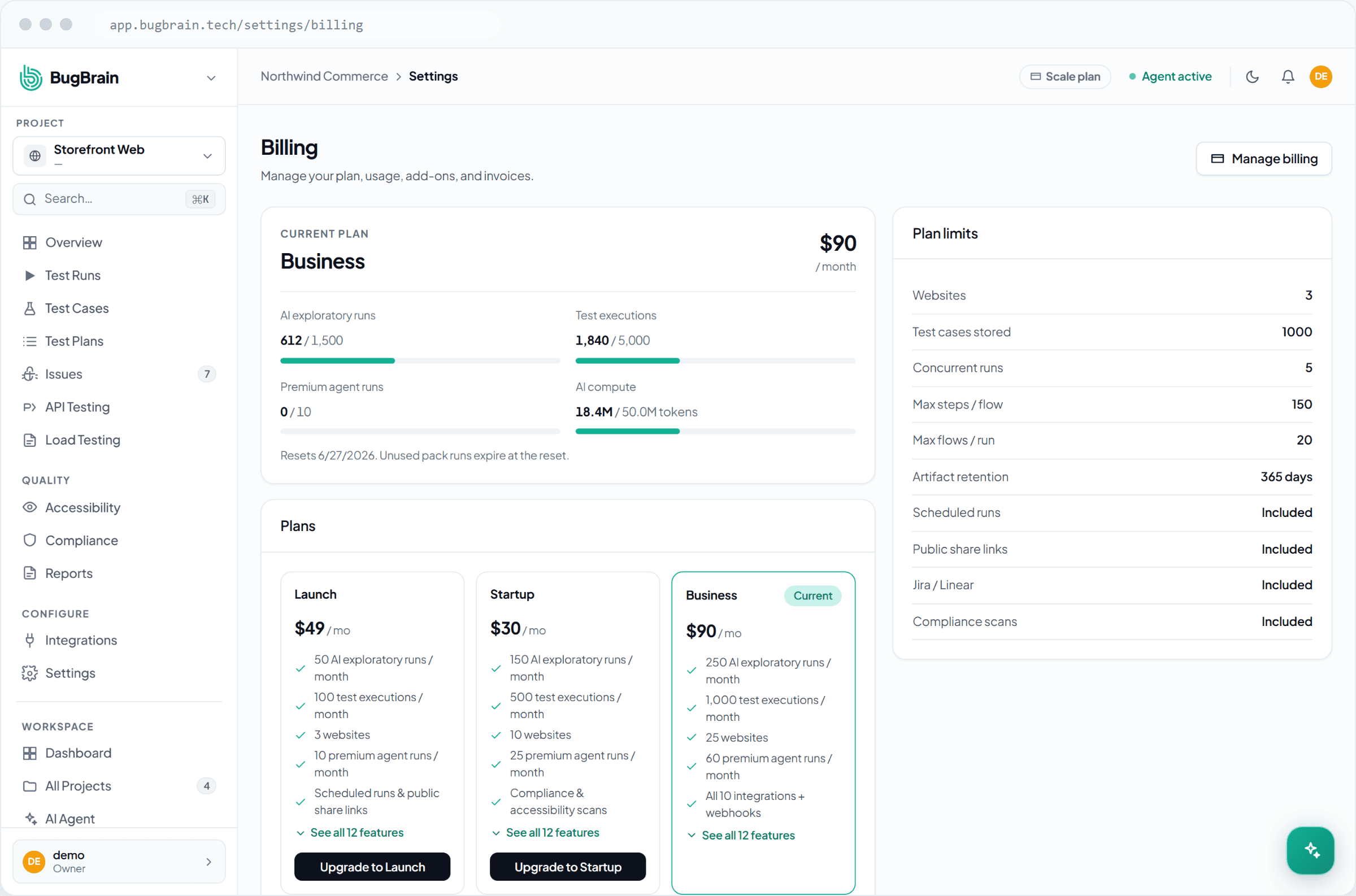 The billing settings page