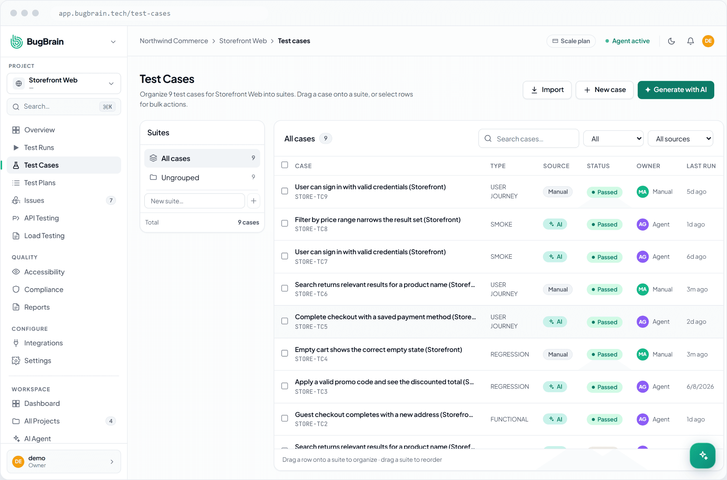 The test cases list