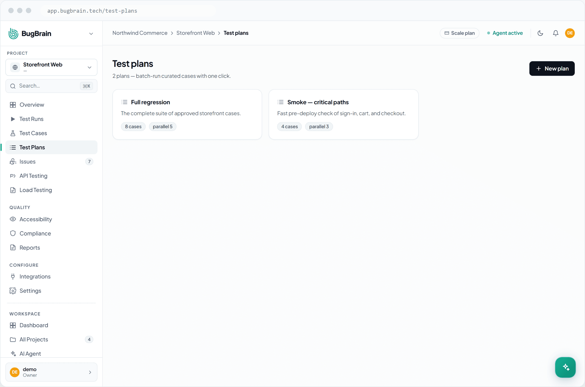 A test plan with its included cases and last-run status